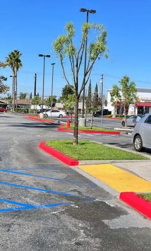 Commercial parking lot being pressure washed with clean surfaces and clear markings.