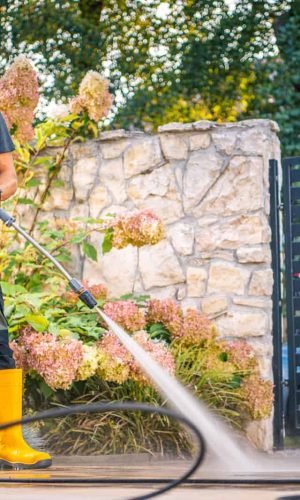 Power washing a black metal gate with a professional pressure washer in a landscaped outdoor area.